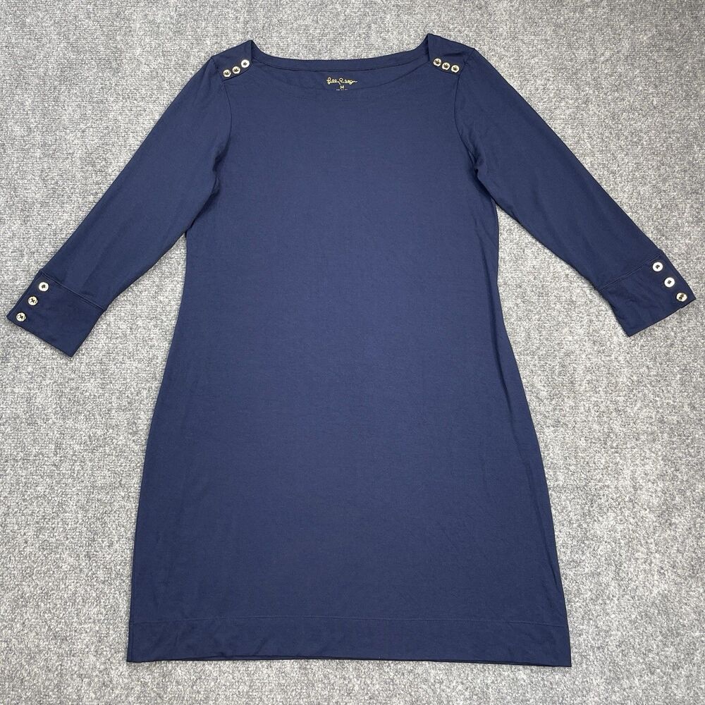 Lilly Pulitzer Sophie Dress Womens Medium Navy Boat Neck Button Accent Stretch - Picture 6 of 12